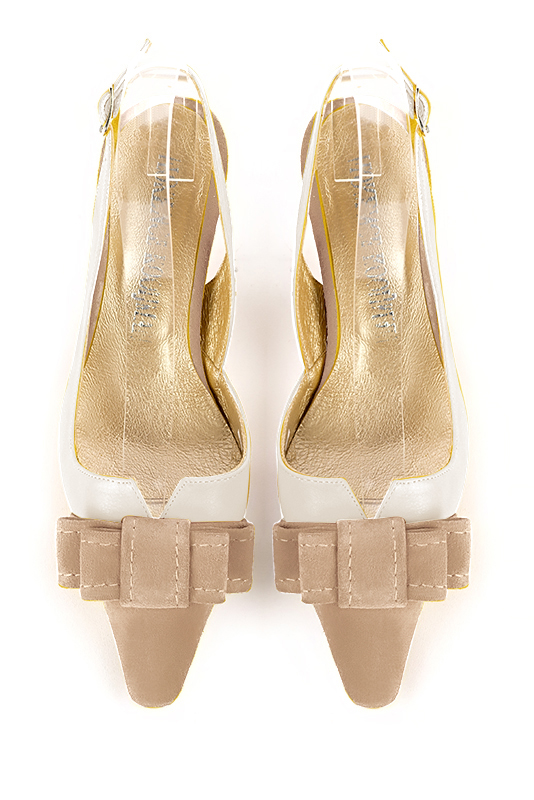 Tan beige and off white women's open back shoes, with a knot. Tapered toe. Medium spool heels. Top view - Florence KOOIJMAN